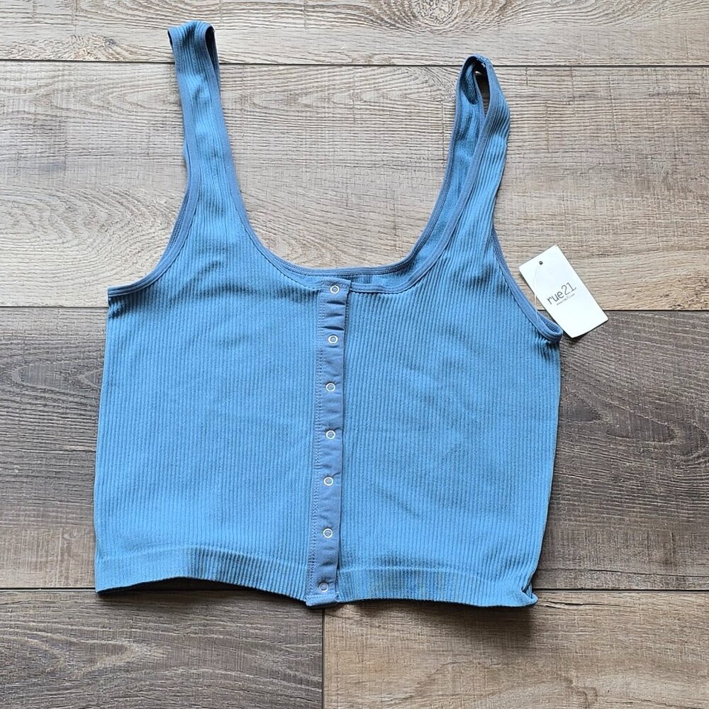 Forever 21 Ribbed Button-Up Crop Top (**Set of 2**) Powder Blue and Sage Green